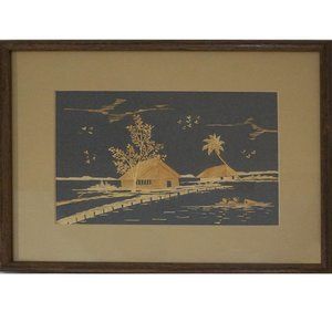Vintage 1970s/1980s Original Bamboo Artwork in Tiki/Tropical Style